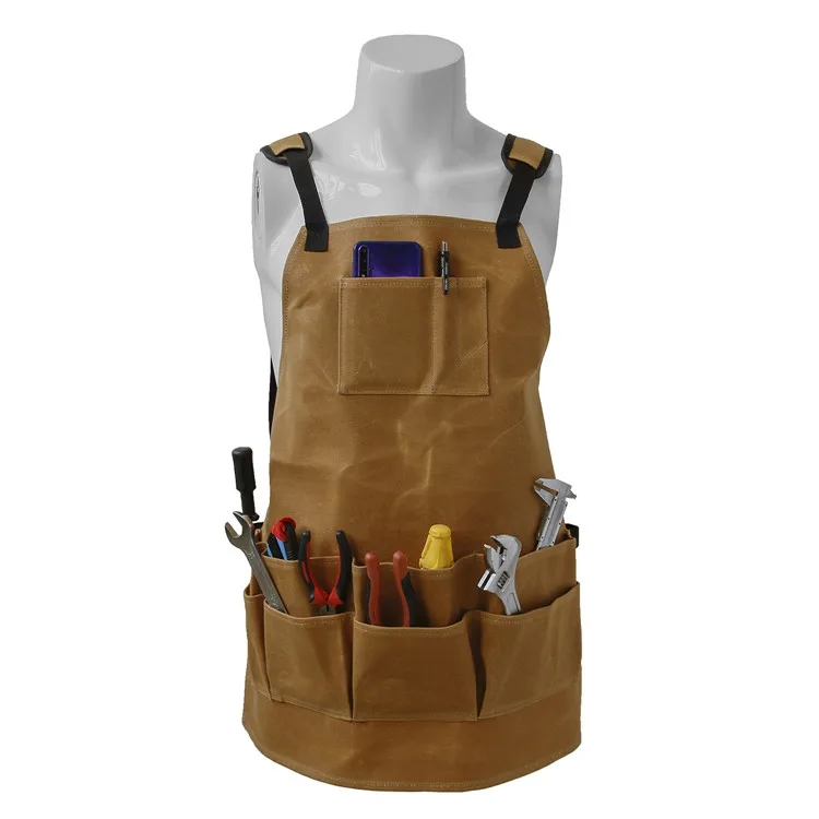 

water proof waxed canvas work aprons for men with tool pockets, Brown