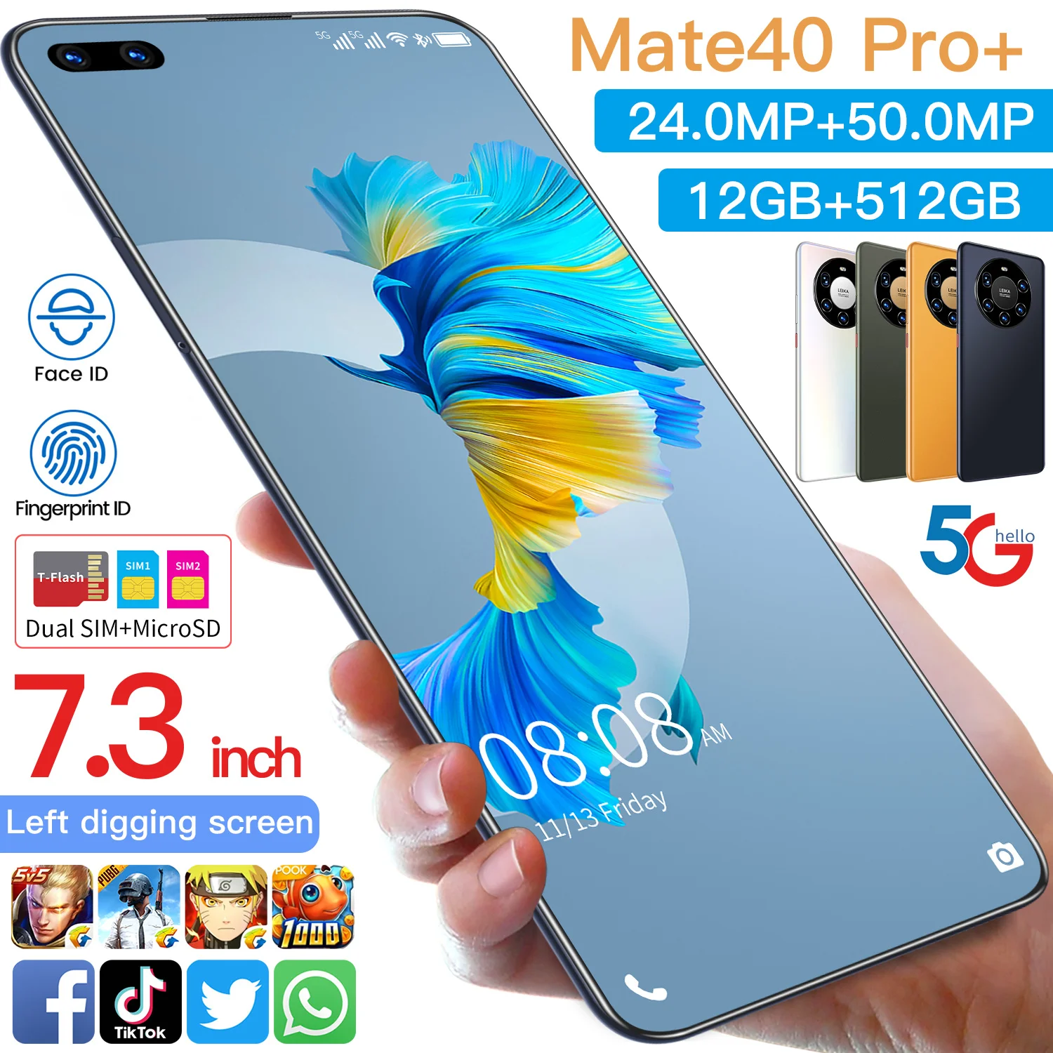 

Mate40 pro+ 7.3 inch 24MP+50MP 12GB+512GB Mobile Android Smartphone 10 Core Full screen Cell Phones Large Capacity Battery, Black white blue