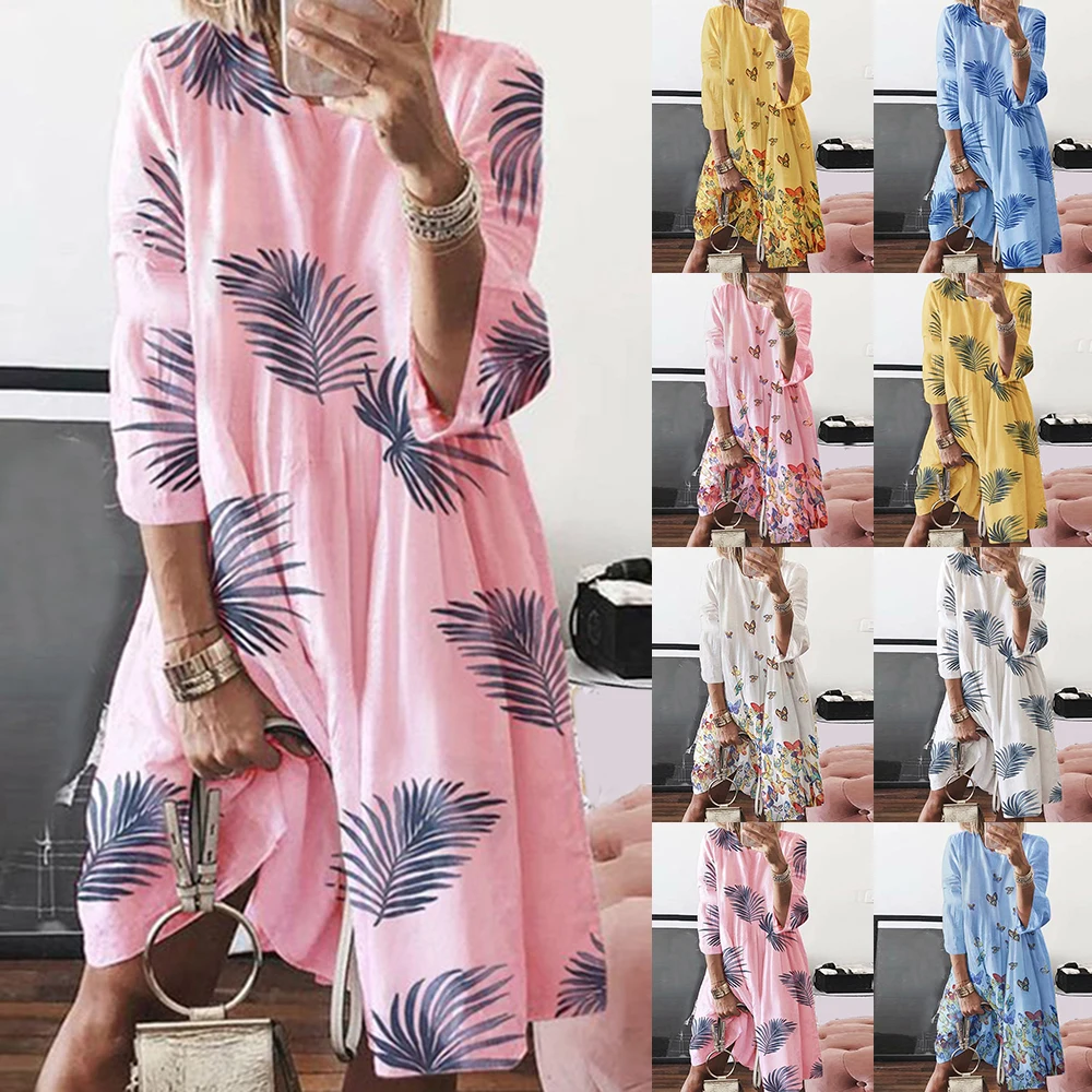 

Women Floral leaf butterfly Print Loose A-Line Dress Three-Quarter Sleeve Party Dress Crew neck Dress