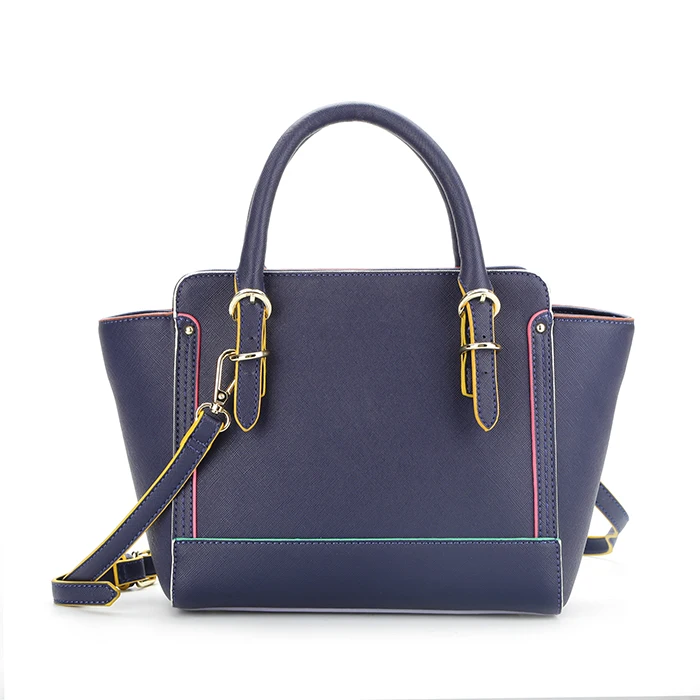 

#8593 Myanmar 1000 workers manufacturer made fancy color edge plaint saffiano leather high quality tote sustainable bag, Navy blue, various colors available