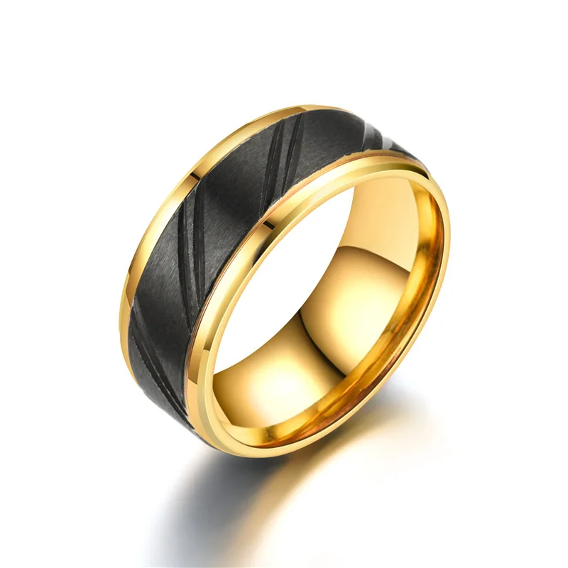 Elegant Groove Line Band Jewelry 8mm Width Gold Plated Stainless Steel Ring for Men Boys Gifts