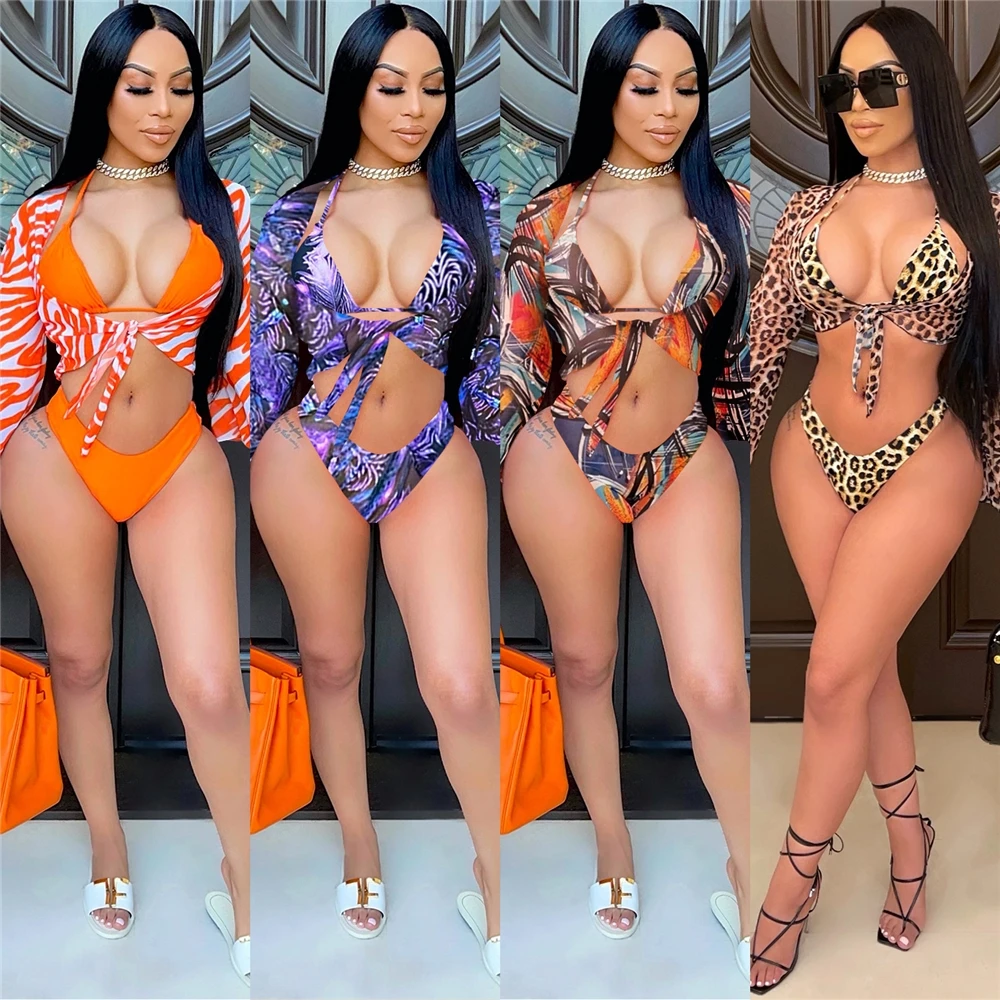 

EB-20031803 2021 Sexy Bikini Three Piece Cover Up Money Pattern Beach Dress Women Summer Thong Swimwear Bathing suit