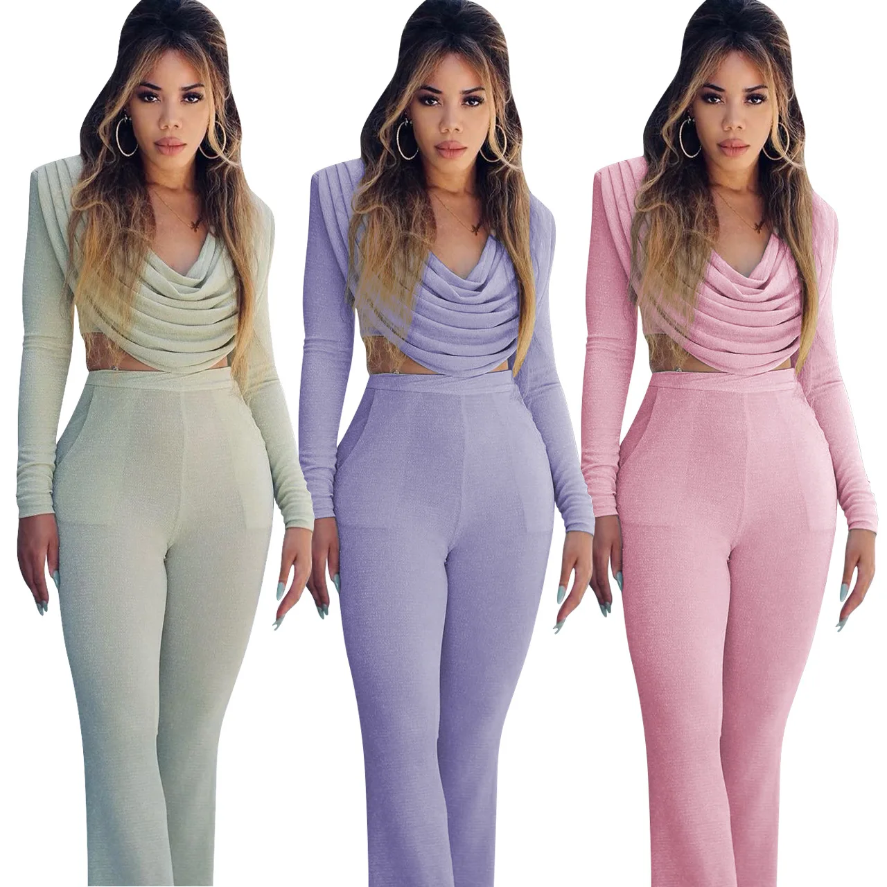 

Stacked Crop Top Long Sleeve Two Piece Pants Set Fashion Solid Color Flared Pants 2 Piece Workout Sets 2021 Outfits, Picture color