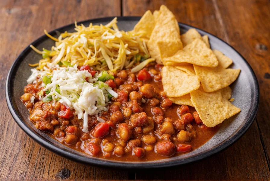 Colorful platter showing chili served with cornbread, coleslaw, and tortilla chips on a rustic wooden table