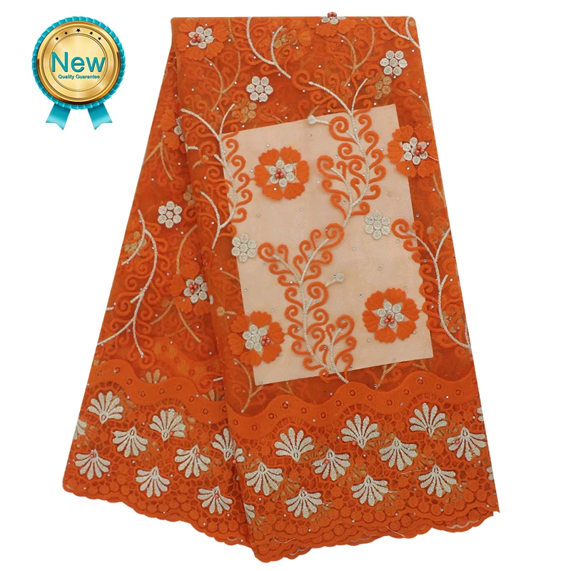 Bestway high quality embroidery african french net rhinestone orange  lace fabric