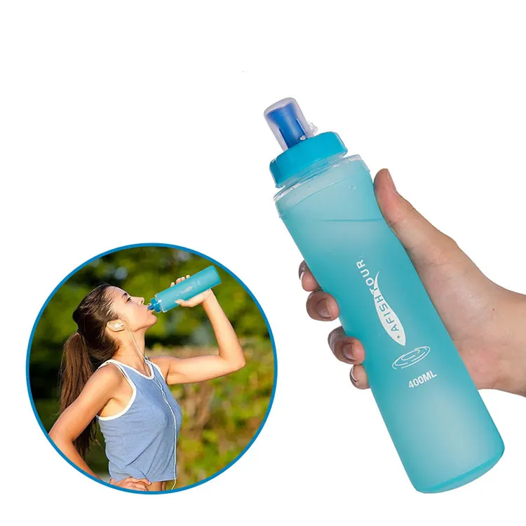 

New Style 400ml Soft Water Bag Soft Flask travel outdoor Folding Collapsible Water Bottle with custom logo For Running, Transparent blue