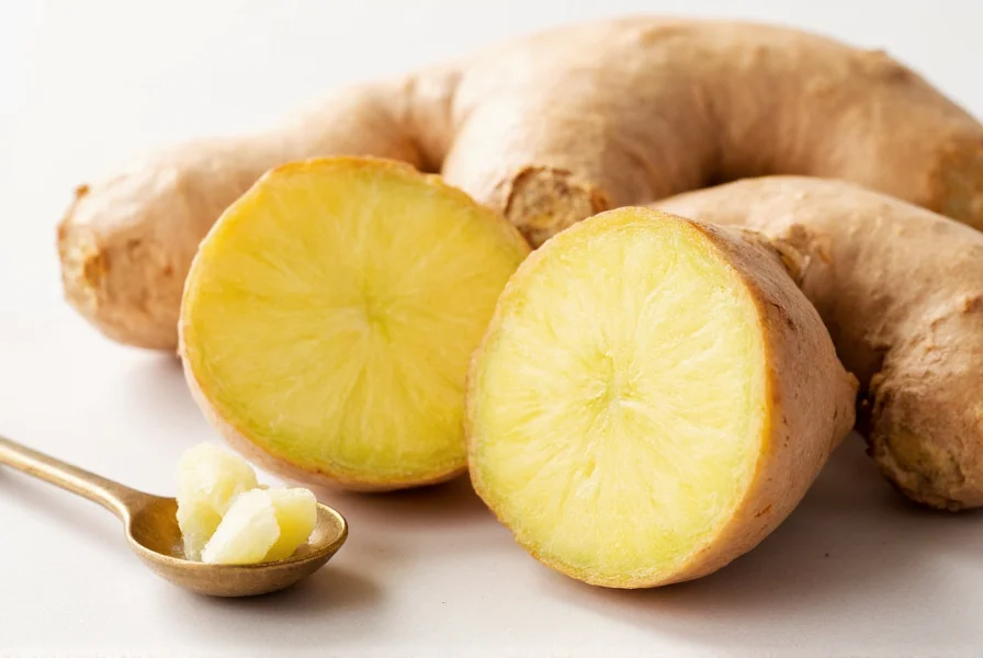Close-up of fresh ginger root with measuring spoon showing proper dosage