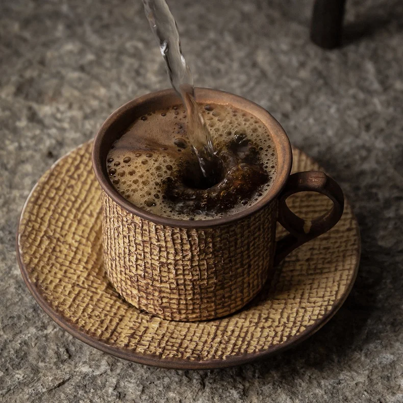 

High quality hot selling color green and brown Stripe cup ceramics cup with saucer
