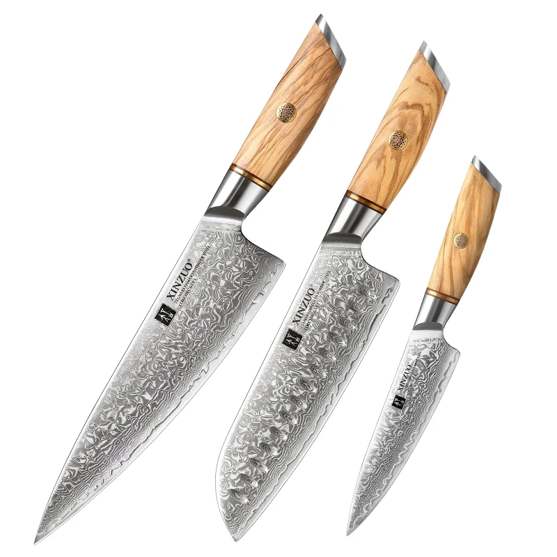

XINZUO 3PCS New Design Morden Luxury Japanese Damascus powder Steel Sharp Kitchen Chef Knife Set with Olive Wood Handle