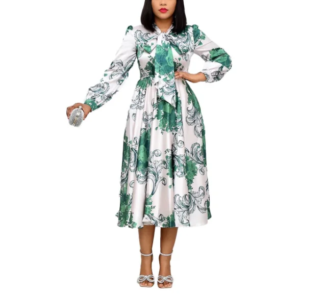 

Autumn Fashion Bowtie Collar Printed African Lady Office Career Dress, White