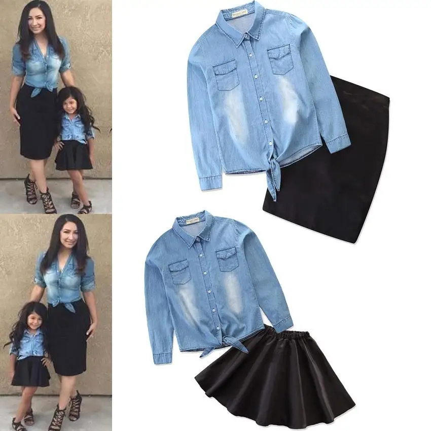 

Mother Daughter Dresses Summer Long Sleeved Family Matching Clothes Mom Daughter Dress Family denim Clothing, As picture