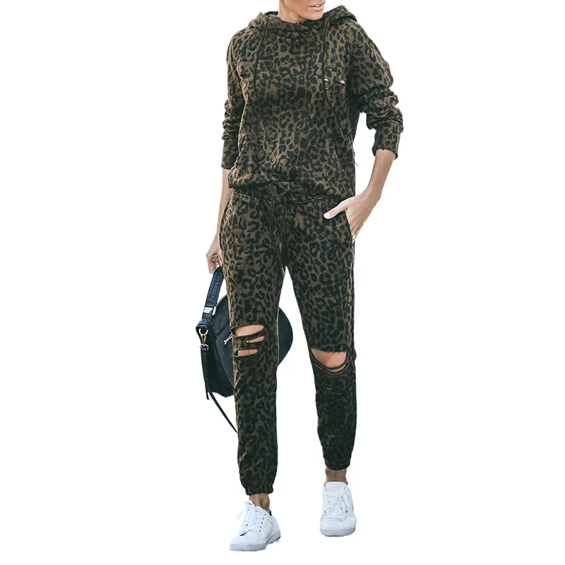 

Sportswear Green Leopard Print Cut Out Distressed Hooded Sportswear Set For Women