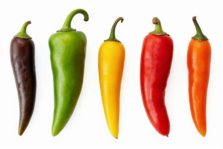 Various pepper substitutes arranged for comparison, showing differences in shape, color, and size for cubanelle pepper alternatives