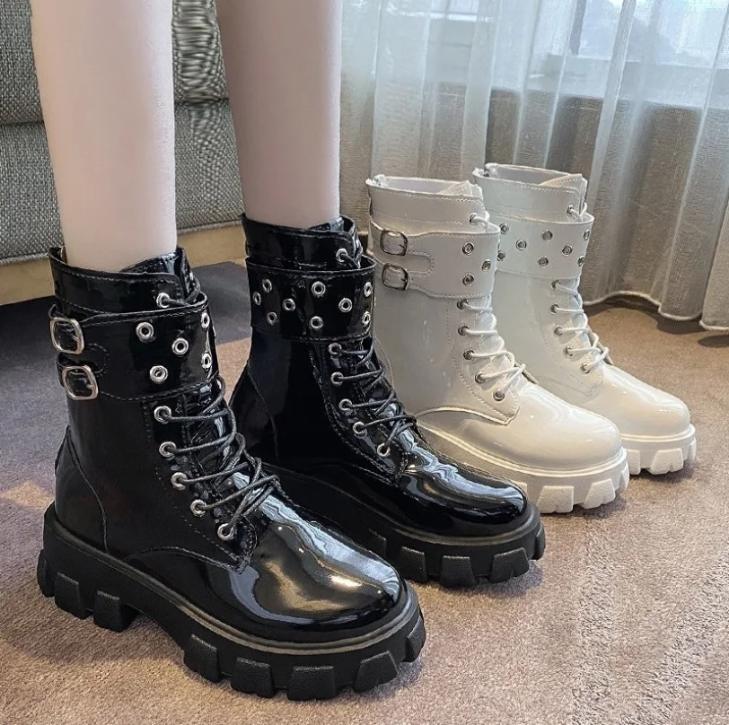 

2021 Fall Winter New Plus Size Women Leather Fashion Short Boots Winter Black Knight Martin Boots, As pictures