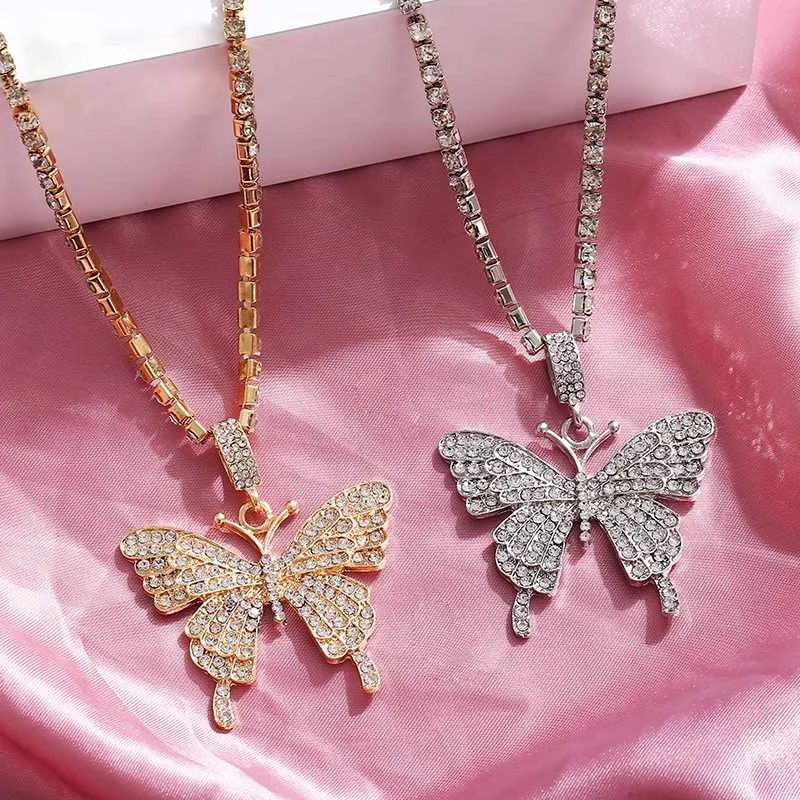 

fashion cuban butterfly pendant diamond jewelry necklace women mens chain necklace, Silver,gold