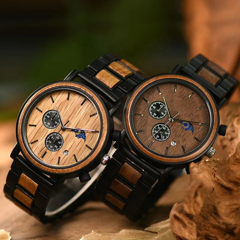 

Classic Handmade Men Wood Watch Moon Phase Custom Logo Timepieces Chronograph Wooden Metal Wristwatch