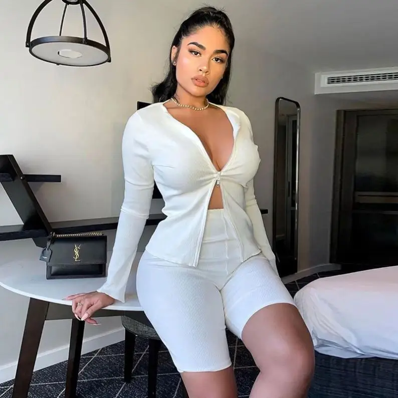 

fashion design lady blouse women sexy short sets 2020 long sleeve crop top and shorts two piece set, Black, white
