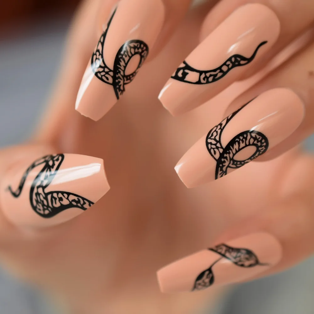 

Nude Artificial False Nail Art Tips Fake Nails Ballerina Snake Pattern Long High Quality False Nail Tips