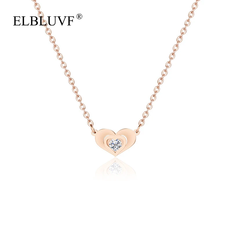 

ELBLUVF 2020 New Korean Style Fashionable Stainless Steel Rose Gold Plated Heart Love Zircon Necklace For Women