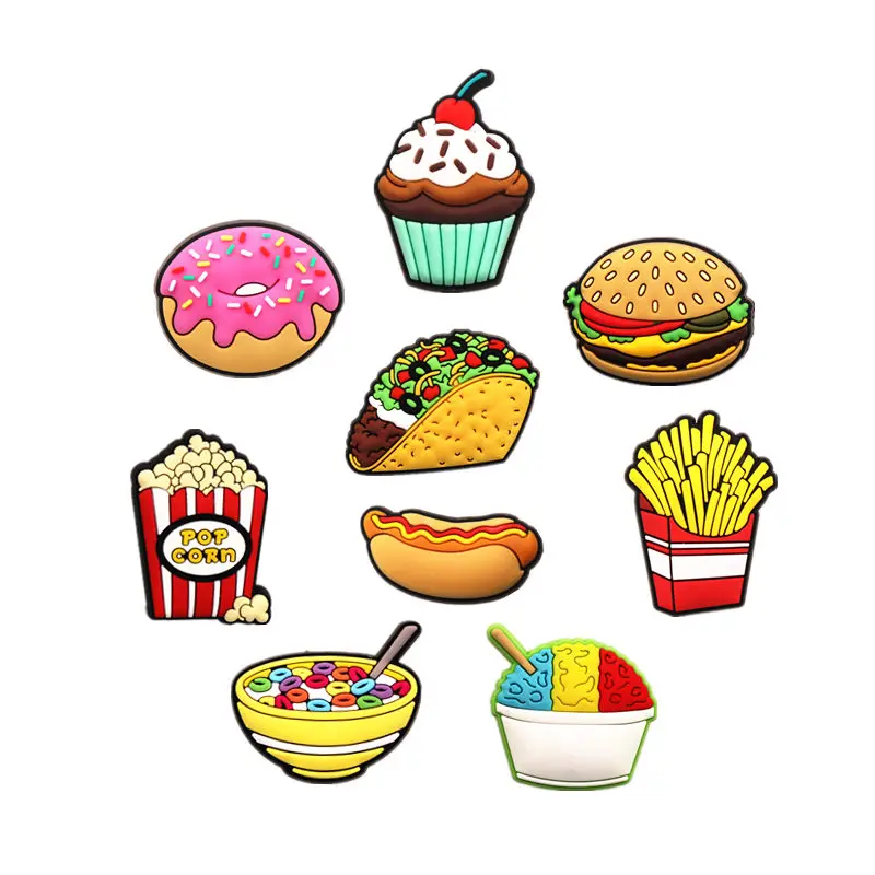 

Cute Food Pattern Shoe Charms Decorations for Wholesale Clog Burger Fries Popcorn Designer Shoe Charms Shoes Accessories F19AL, Customized