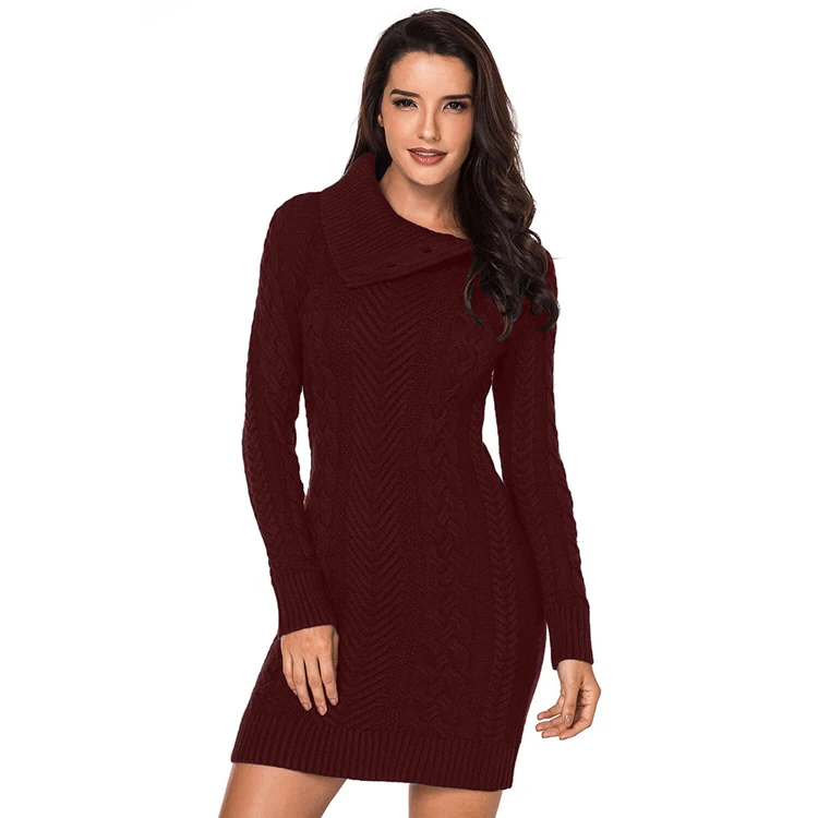 

high quality 2020 winter fashion ladies cute long evening dress solid color lapel slim knit sweater dress