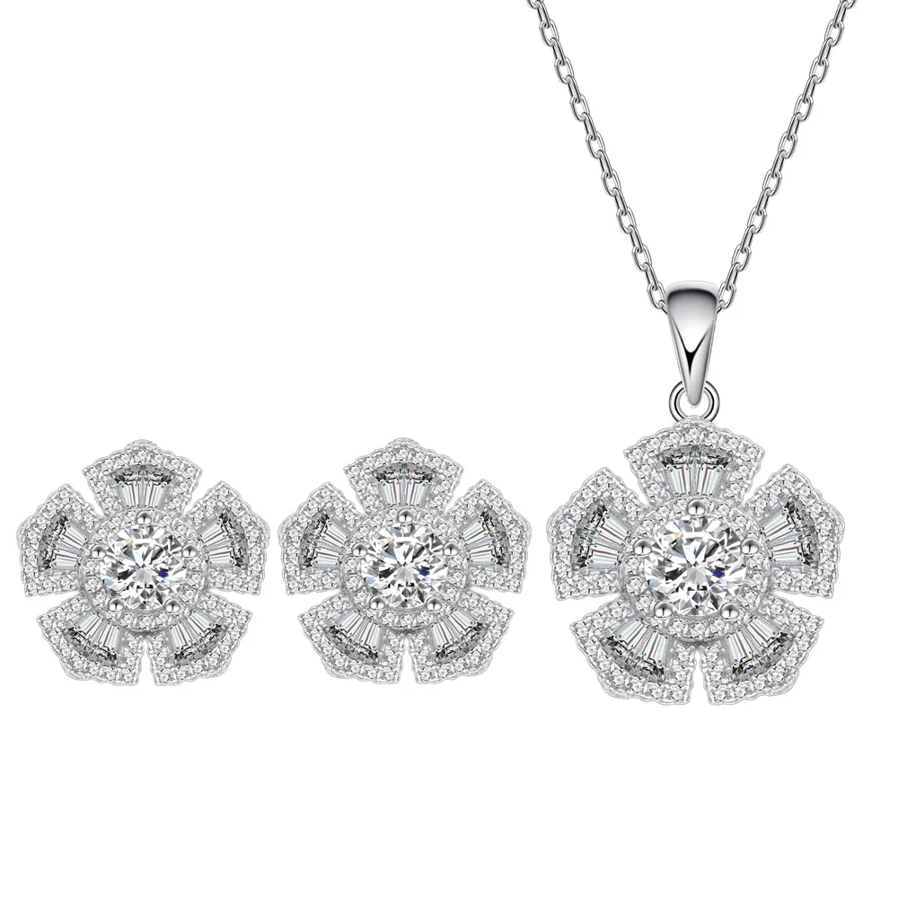 

Lunxry Customize Fine Jewelry Sets women's 925 Sterling Silver Round Shiny full Zircon bridal Flower Jewelry Sets