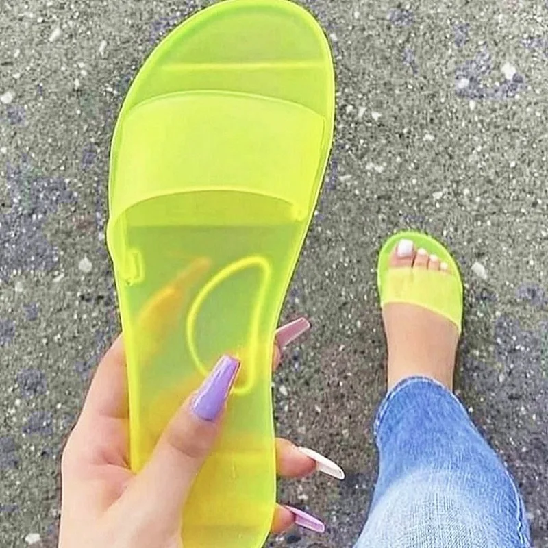 

2021 Summer Ladies Flat slippers Beach Sandals Women Jelly Shoes Clear PVC Shoes, Black, transparent, yellow, fuxia, nude