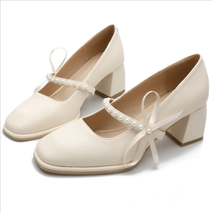 

Square Head Bow Mary Jane Shoes Women Mid Heel Retro Pearl Single Shoes Good Match Ladies High Heels, As pictures