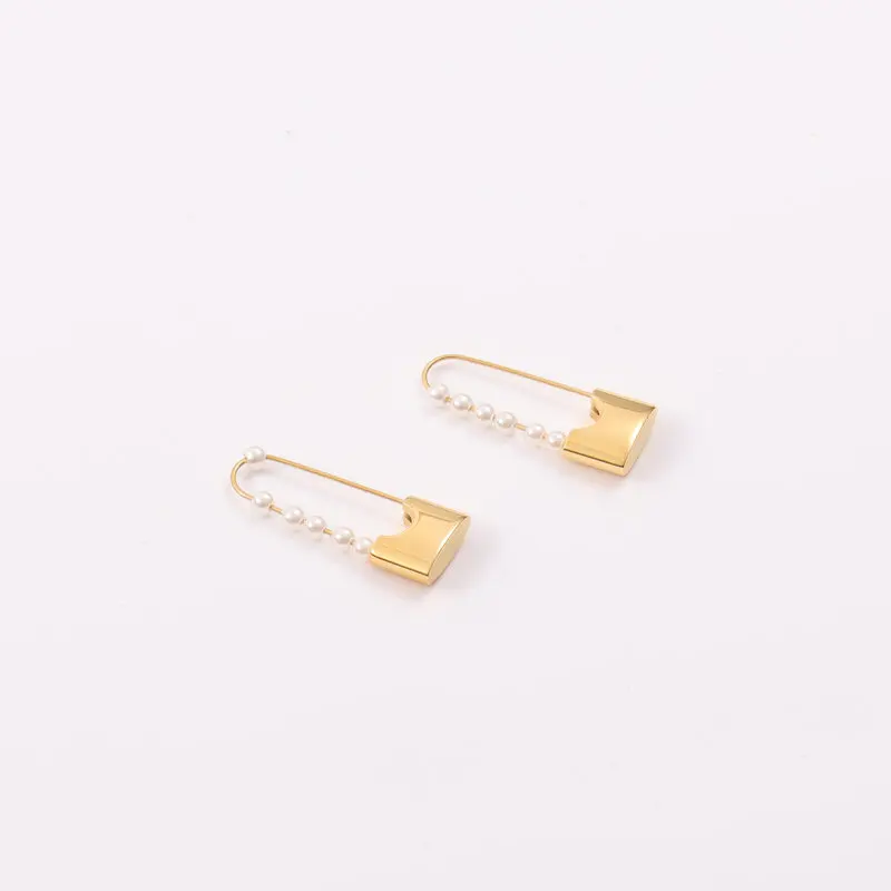 

New Trendy 18K Gold Plated Safty Pin Pearl Padlock Drop Earrings for Women Stainless Steel Dainty Earrings Wholesale