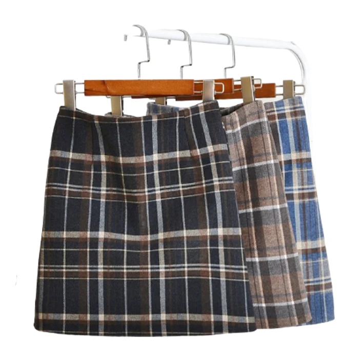 

Womens Woolen Skirts fall winter high Waist Vintage wollen Plaid Pearl Stretch Elegant Zip Back Bodycon Short Mini Skirt, 3 color