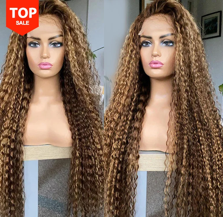 

Highlight Curly Virgin Brazilian Hair Wig 13x6 highlight brown deep curly hd transparent lace frontal wigs