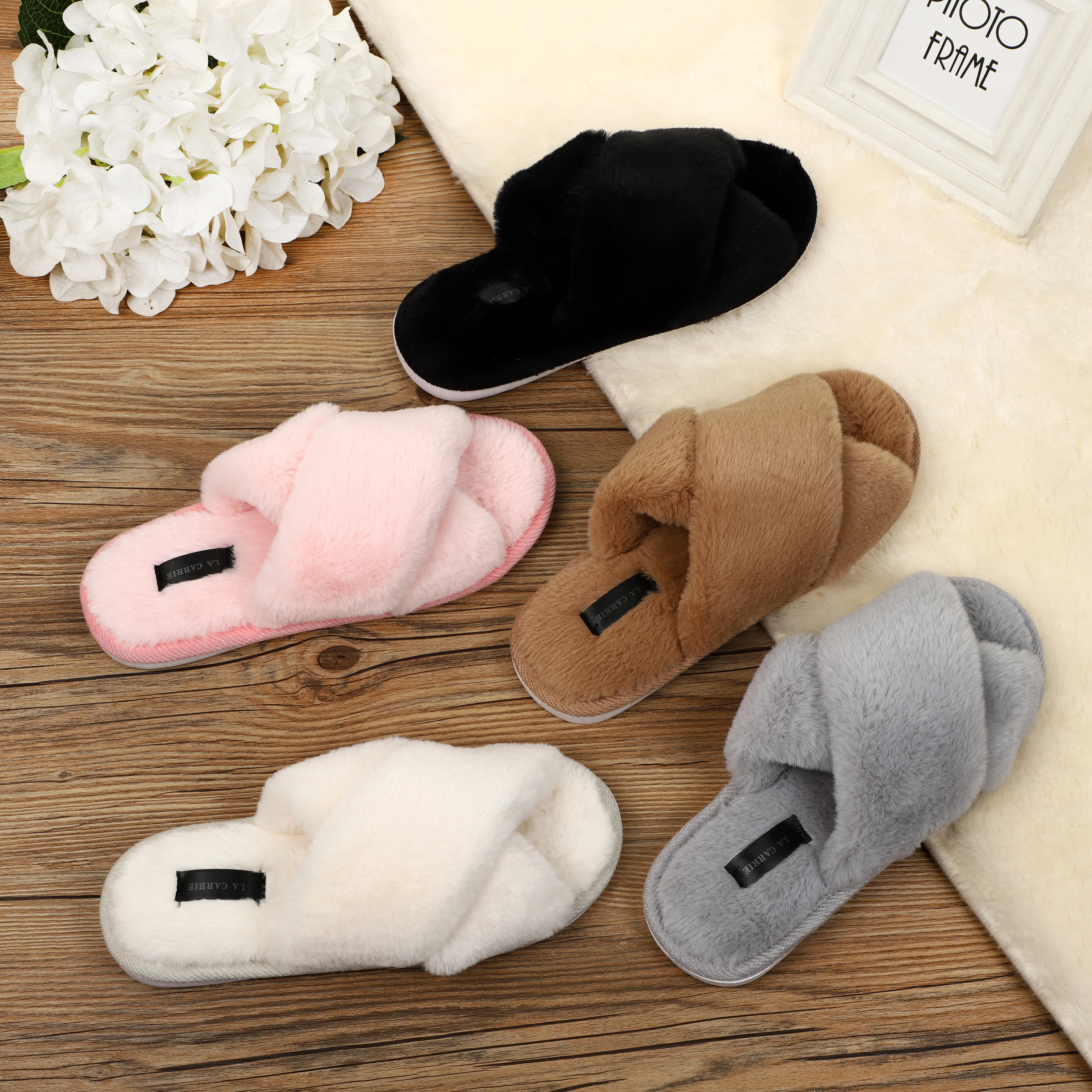 

Women Solid Faux Fur Slippers Ladies Open Toe Furry Cross Soft Plush Shoes For Indoors Outdoors Slides, Black white pink grey