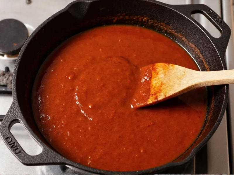 Simmering homemade bbq sauce in cast iron pan with wooden spoon