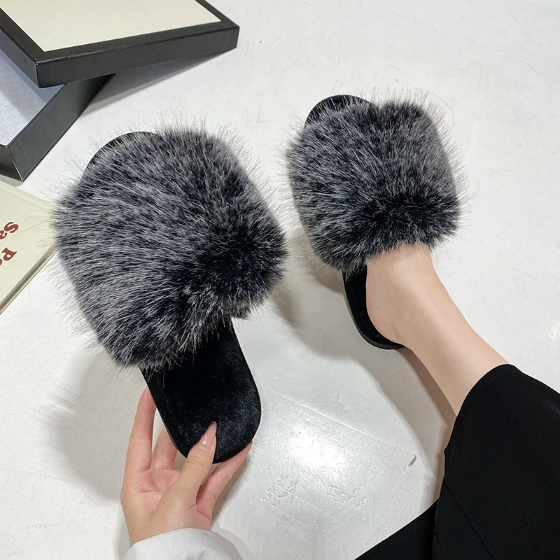 

Cheap Price Comfortable Women's Fashion Indoor Home House Fluffy Fuzzy Fleece Soft Open Toe Warm Slippers, Red white black pink