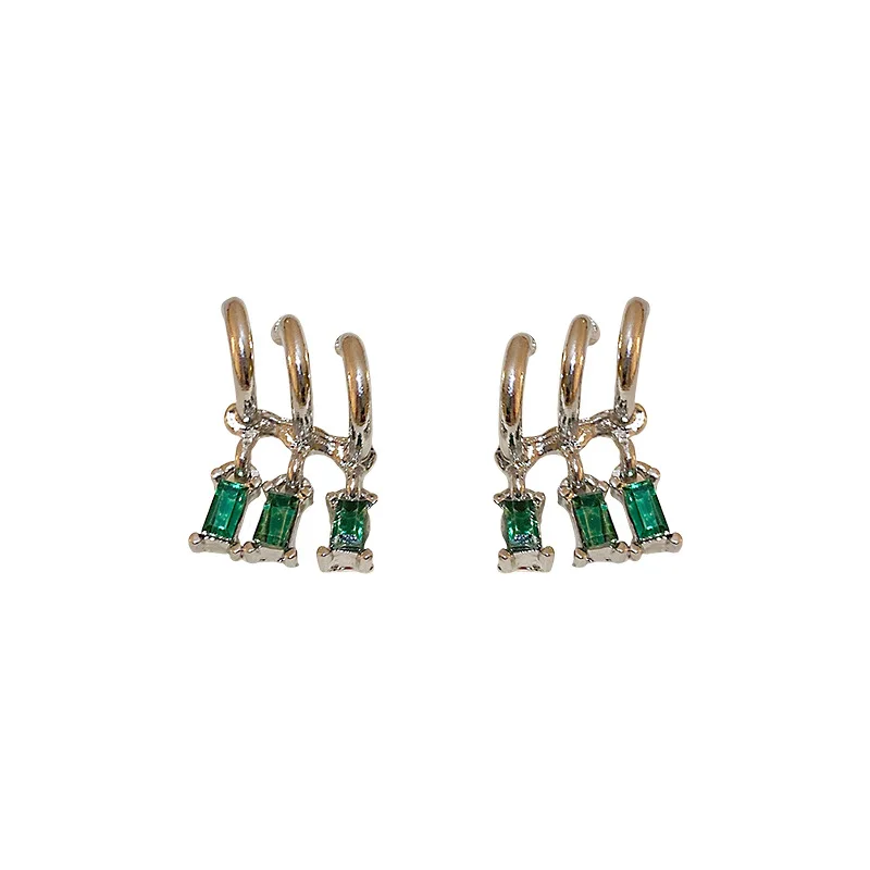 

Fashion Silver Needle Inlaid with Diamond Emerald Temperament Earrings Three Layer Design INS Popular Women Jewelry