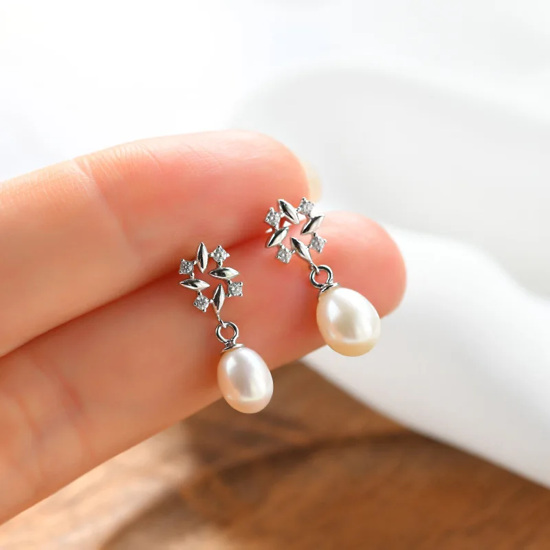 

S925 Sterling Silver Earrings Korea Simple Freshwater Pearl S925 Sterling Silver Drop Earrings Sweet Jewelry, Silver gold