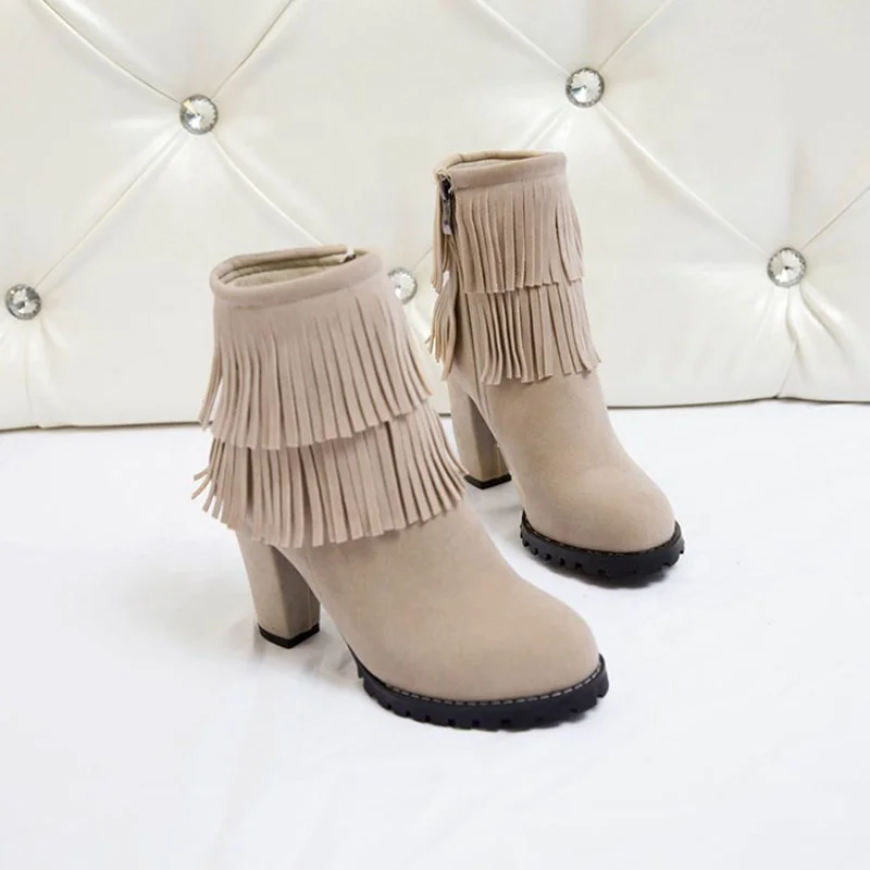 

Winter 2021 American Raised Head Water Diamond Tassel Thick Heel Knight Boots Size 43 Women's Western Boots Shoes in Stock, Black brown beige