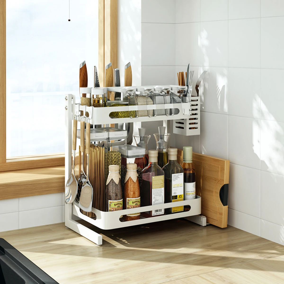 

Hot selling Multifunction Kitchen organizer Pantry utensils storage rack Tabletop spice shelf Storage holders & racks, White / grey