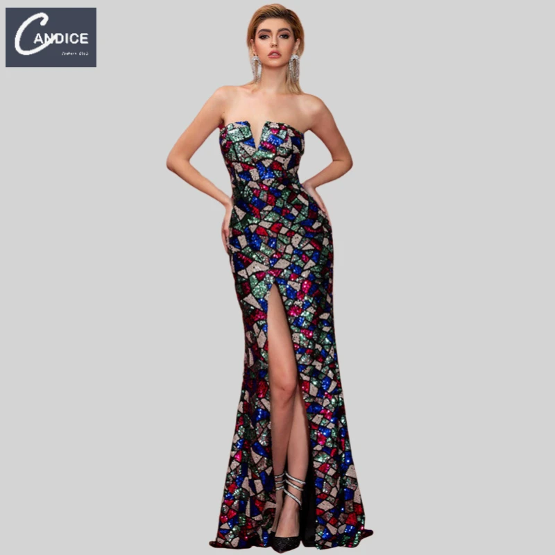 

Candice Haute couture banquet slim evening geometric irregular split ladies gown sequin bodycon evening dress with pattern