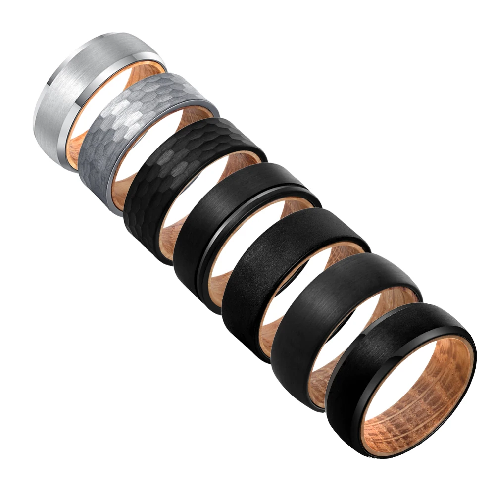 POYA Jewelry Men's Wedding Band Ring 8mm Tungsten with Whisky Barrel Wood Sleeve Comfort Fit Water-Sealed