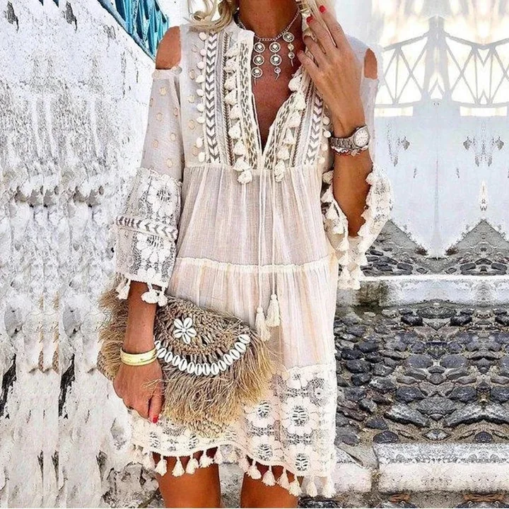 

The New Hot Short Style Women Cloth Lace Tassels Crochet Sweet Plus Size Casual Dress Summer Elegant Beach Dress For Ladies, Customized colors accept