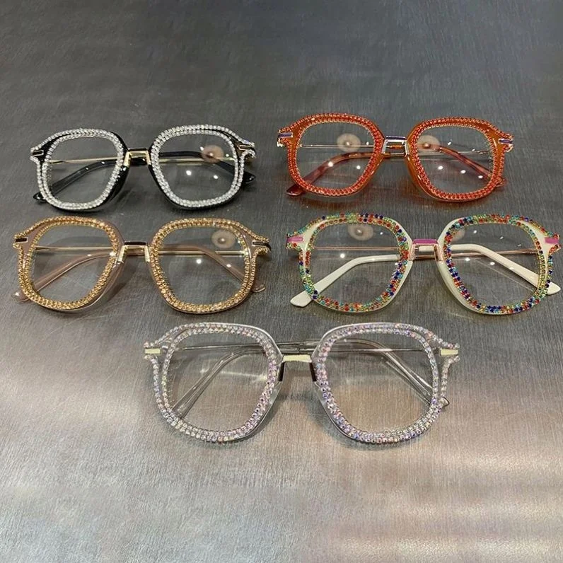 

Retro Square Diamond Glasses Luxury Rhinestone Transparent Lens, Colors