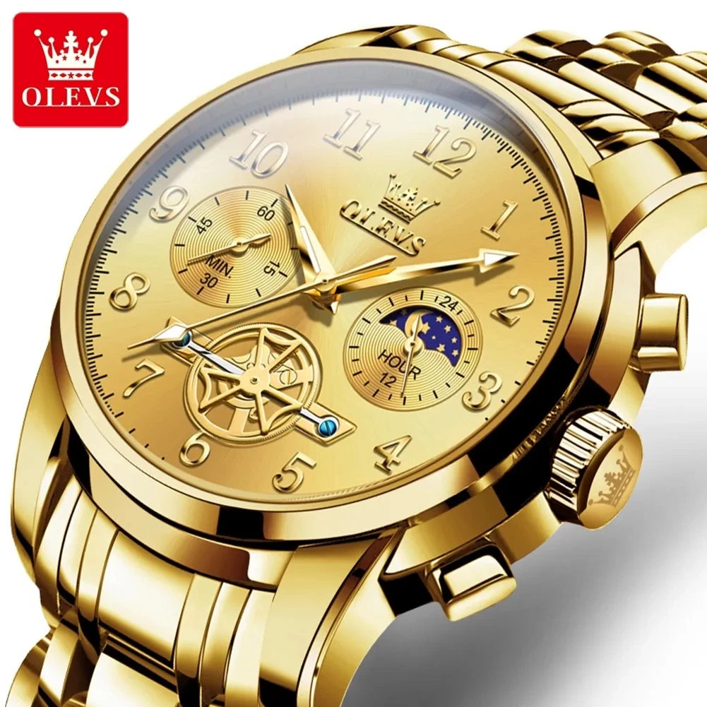 OLEVS Luxury Quartz Watch for Men Gold Stainless Steel Waterproof Luminous Classic Moon Phase Chronograph Watches Mens Bracelet