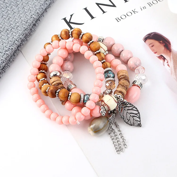 

Wholesale Price Handmade Crystal Bracelet For Women With Popular Leaf and Pearl Charm Bracelet DIY Style Newest Bohemia Jewelry