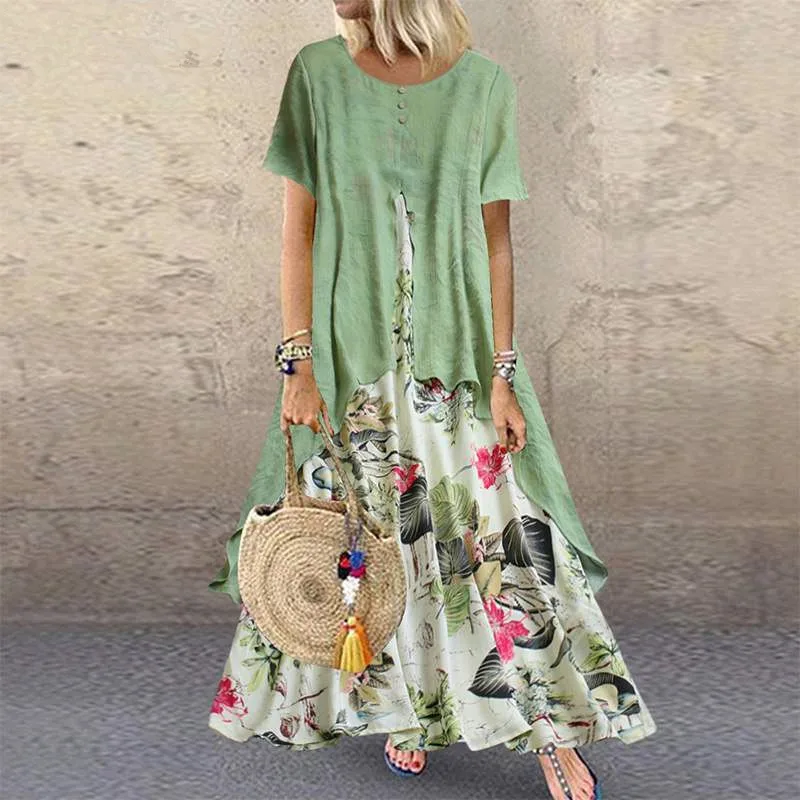 

Summer Short Sleeve Dress Women Vintage Floral Printed Long Sundress Casual Retro Party Vestido Femme Dresses, As pictures