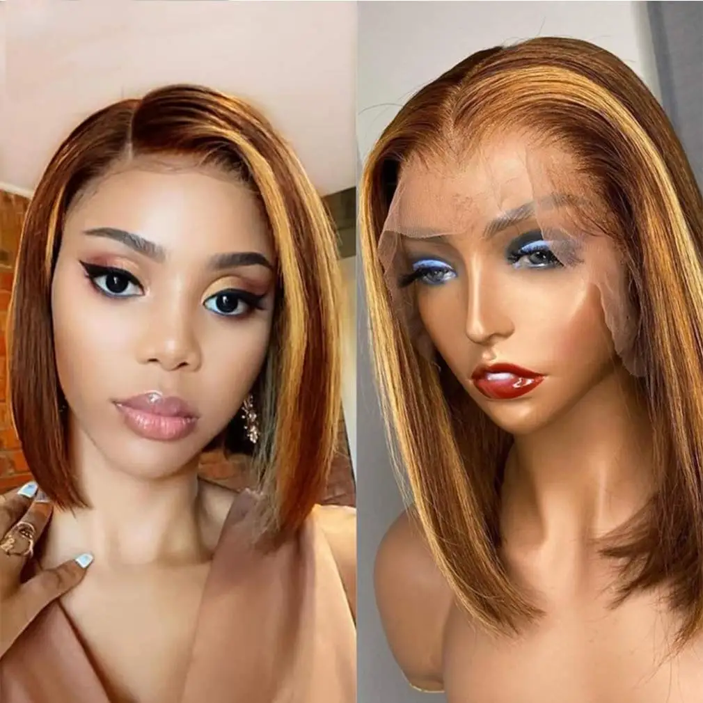 

150% HD Glueless Highlight 13*4 4*4 1B Honey Brown Color Straight Bob Brazilian Pixie Cut Full Lace Front Human Hair Wigs