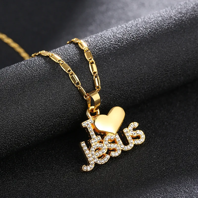 

Women religious Icon Full Diamond Necklace christian necklace jewelry rhinestone Heart shaped letter pendant necklace