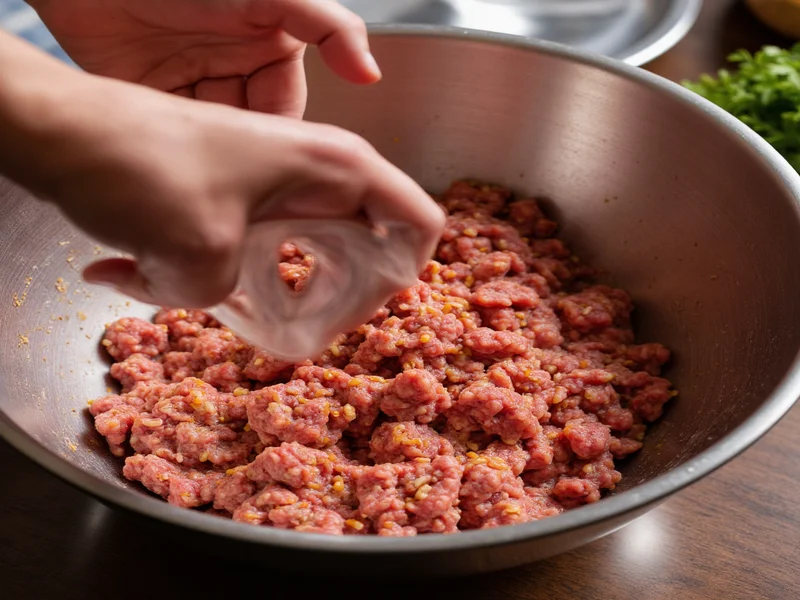 Hand mixing seasoned ground meat in stainless steel bowl
