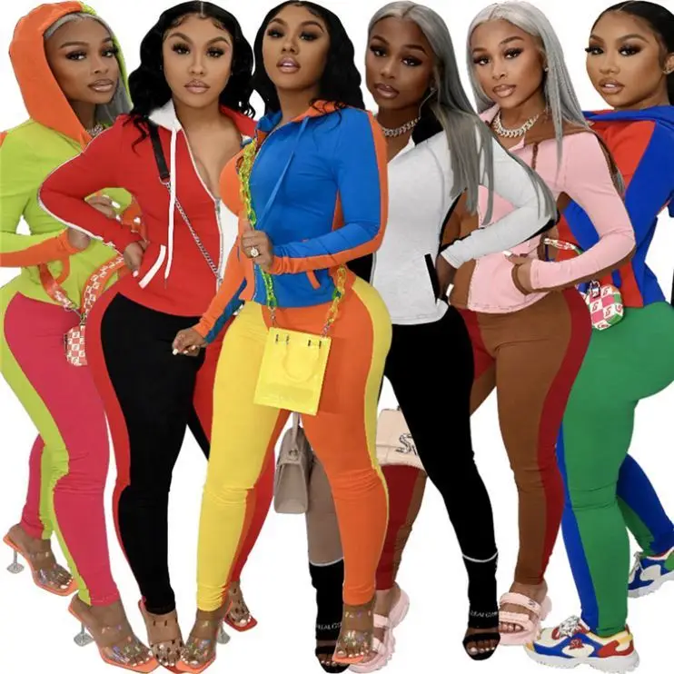 

ONLY Trendy 2021 Contrast Color Zipper Drawstring Two Pieces Women Clothing 2 Piece Tracksuit Set Women Pants Set