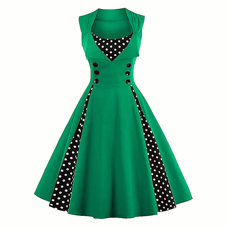 

Women Robe Retro Vintage Dress Green Rockabilly Dot Swing Pin Up Summer Party Dresses Elegant Tunic Vestidos, As the pictures shown